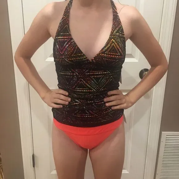 XS tankini swim top bathing suit Mudd black orange - Picture 3 of 7